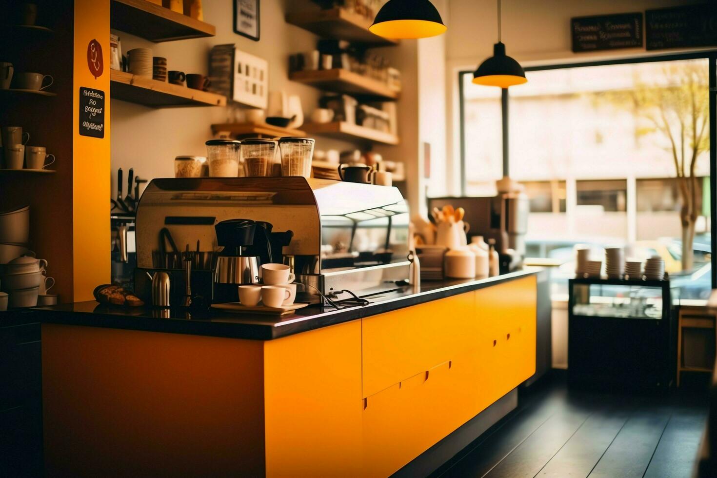 dentro pulito cucina di un' moderno ristorante o mini bar con cucinando utensili e piccolo bar contatore concetto di ai generato foto