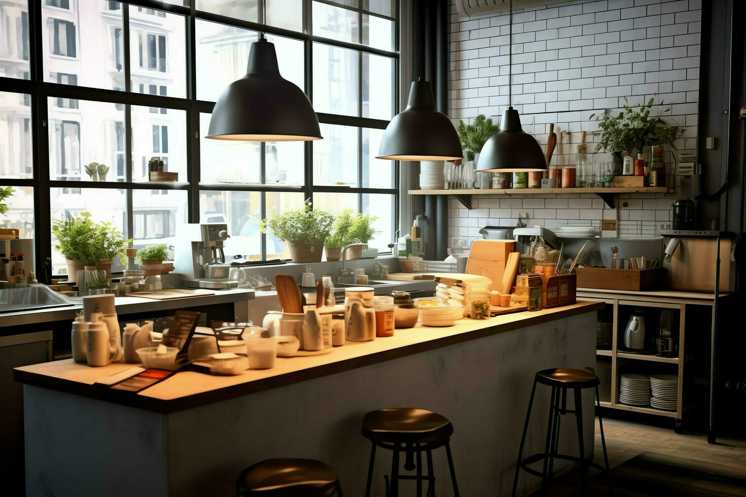 dentro pulito cucina di un' moderno ristorante o mini bar con cucinando utensili e piccolo bar contatore concetto di ai generato foto