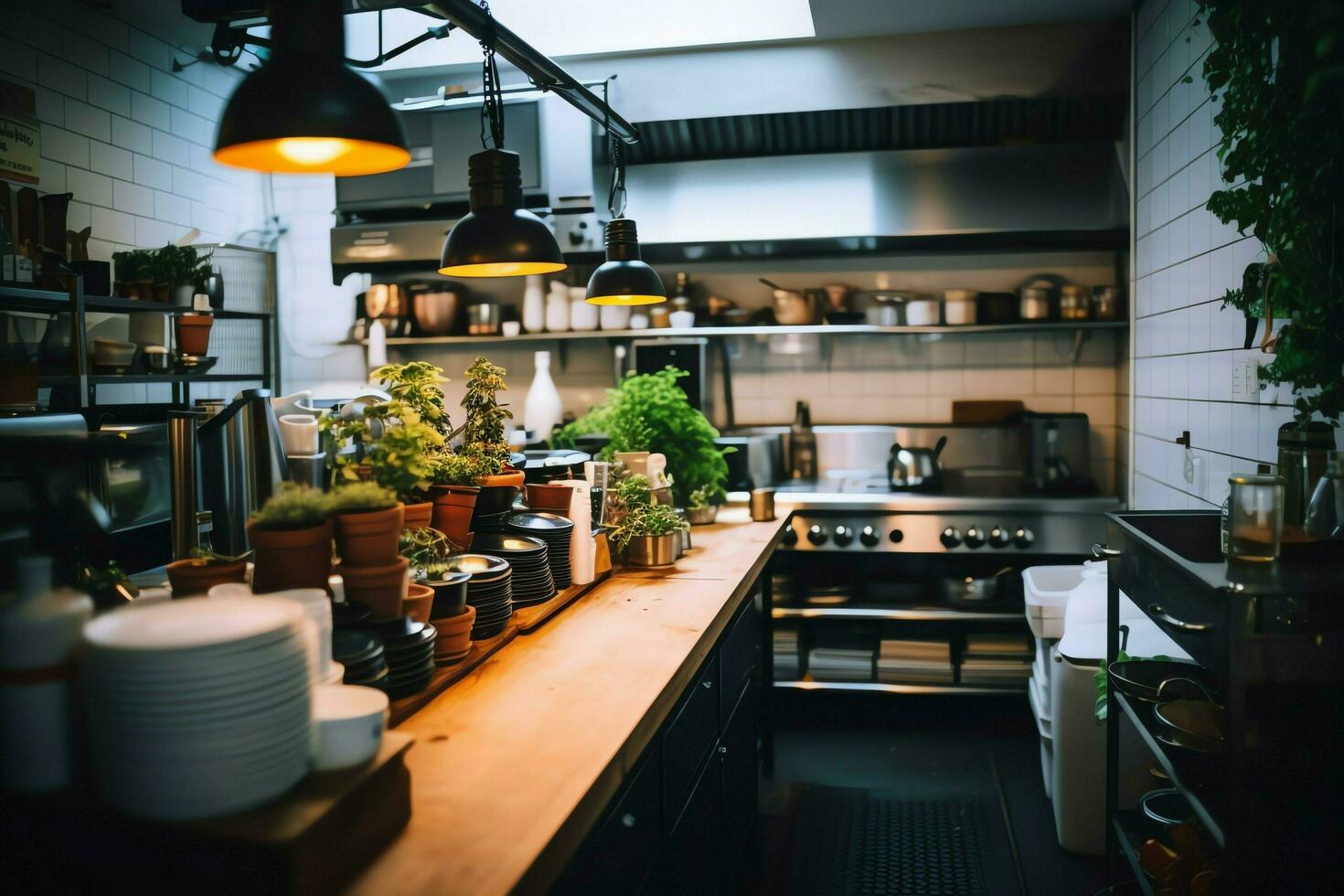 dentro pulito cucina di un' moderno ristorante o mini bar con cucinando utensili e piccolo bar contatore concetto di ai generato foto