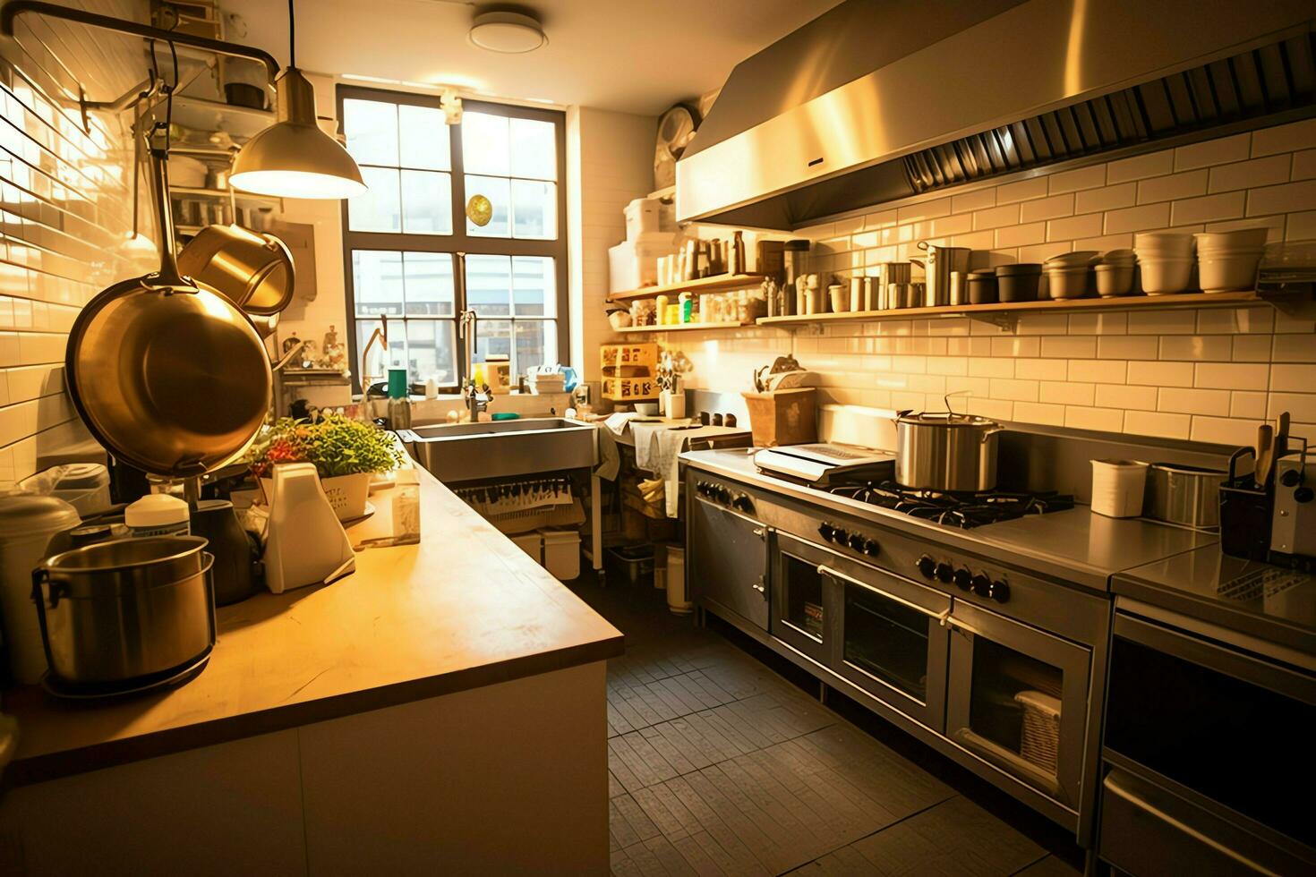 dentro pulito cucina di un' moderno ristorante o mini bar con cucinando utensili e piccolo bar contatore concetto di ai generato foto