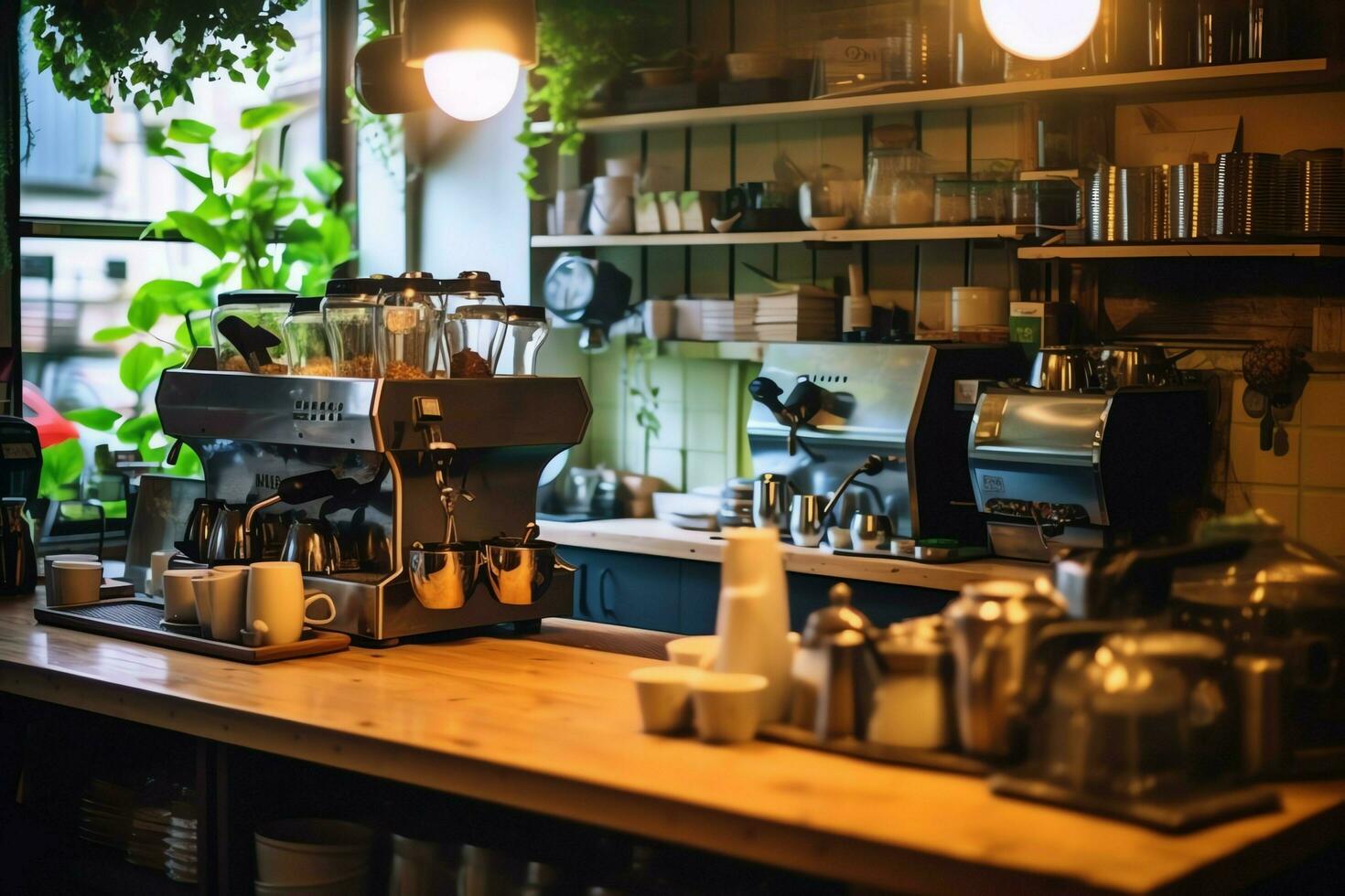 dentro pulito cucina di un' moderno ristorante o mini bar con cucinando utensili e piccolo bar contatore concetto di ai generato foto