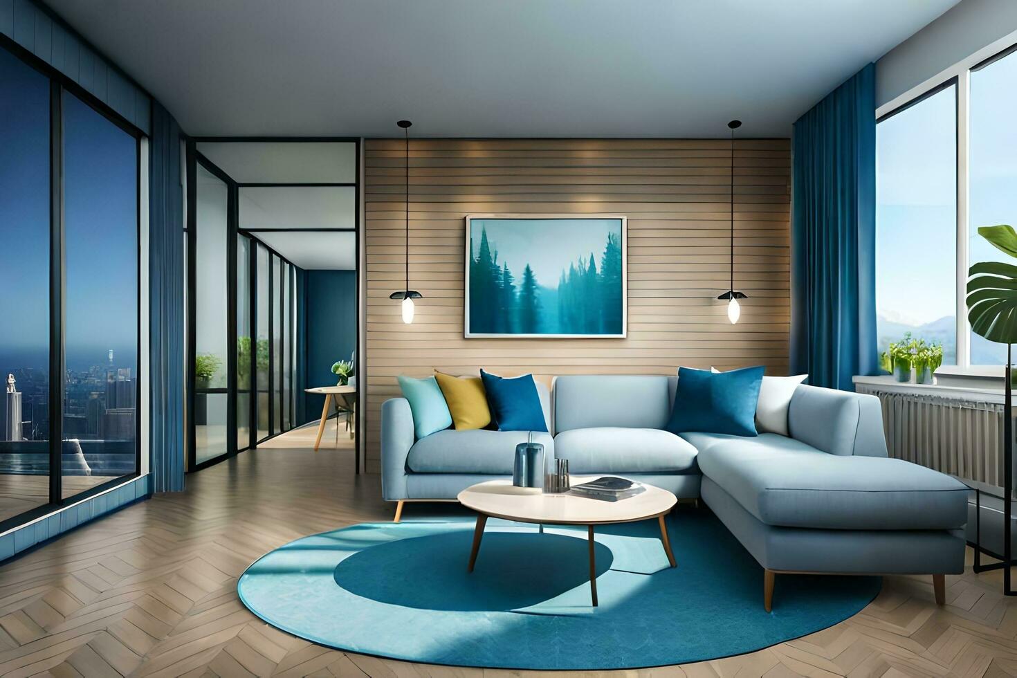 un' moderno vivente camera con blu mobilia e un' Visualizza di il città. ai-generato foto