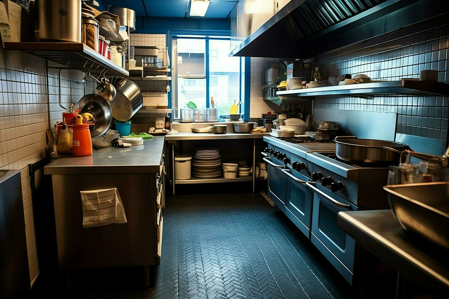 dentro pulito cucina di un' moderno ristorante o mini bar con cucinando utensili e piccolo bar contatore concetto di ai generato foto