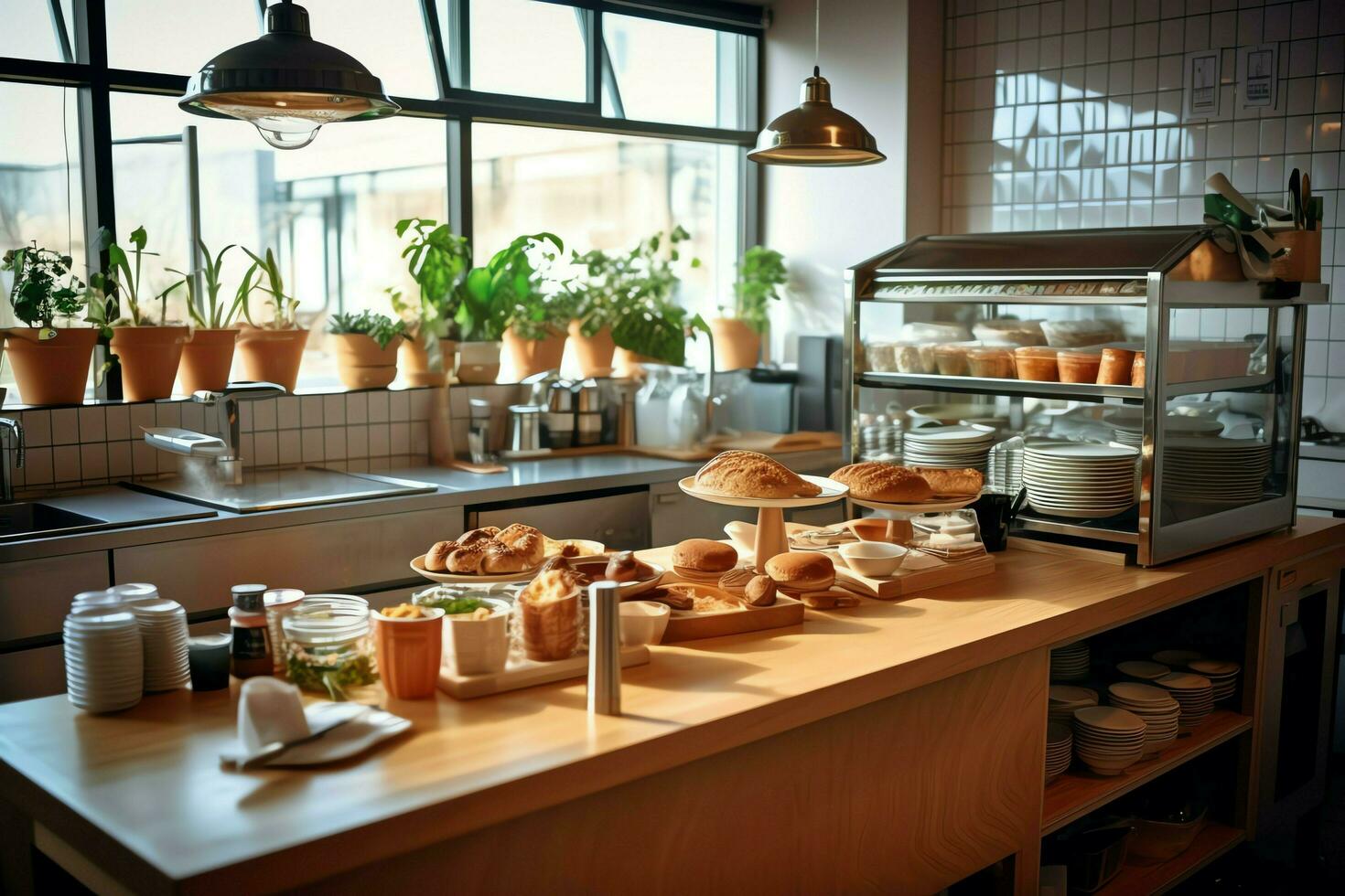 dentro pulito cucina di un' moderno ristorante o mini bar con cucinando utensili e piccolo bar contatore concetto di ai generato foto