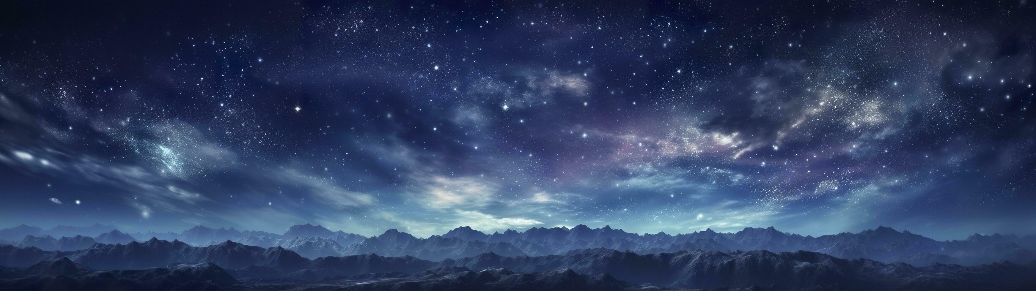 panorama buio blu notte cielo, latteo modo e stelle su buio sfondo, universo pieno con stelle, nebulosa e galassia, ai generativo foto