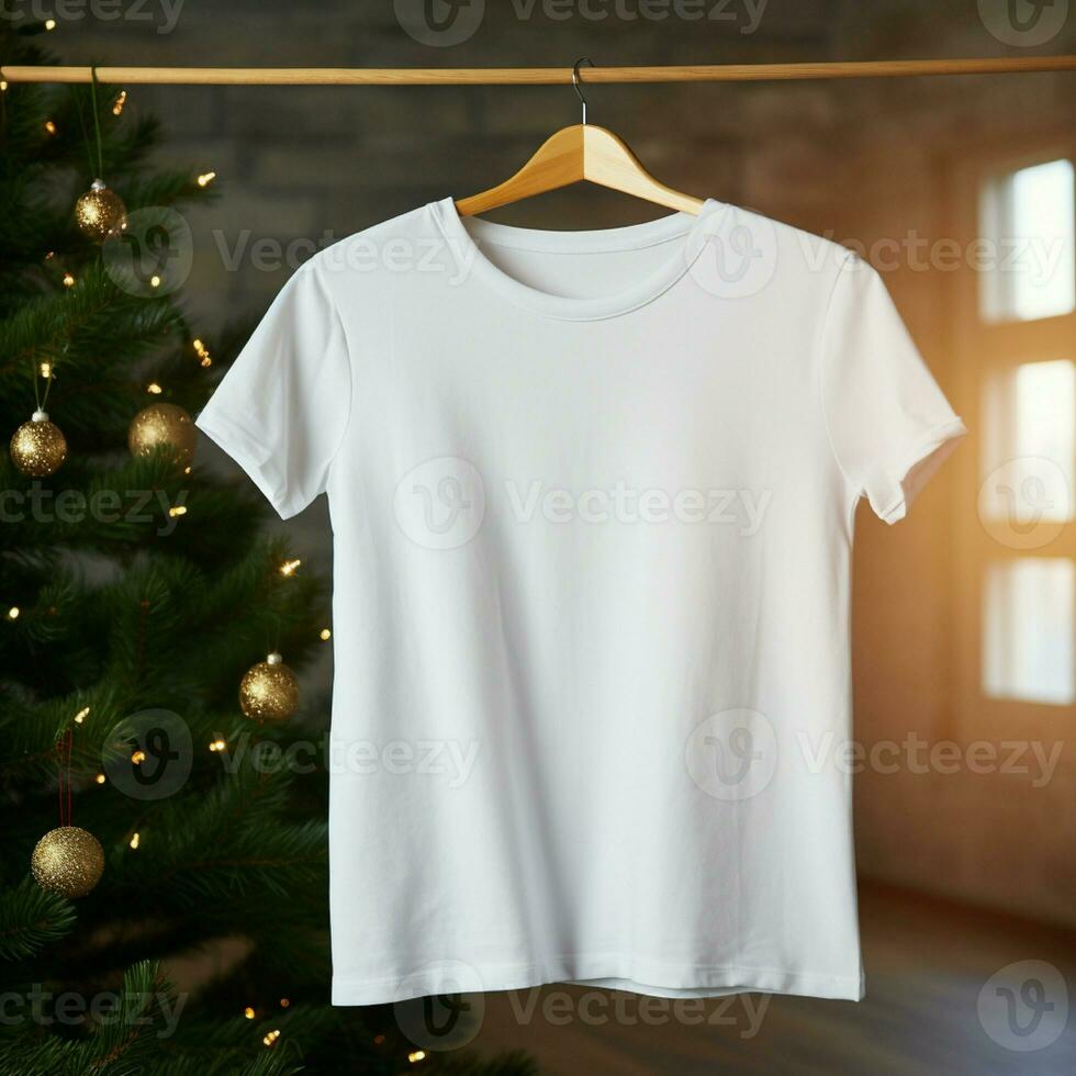 ai generato bianca vuoto t - camicia sospeso su il Natale albero foto