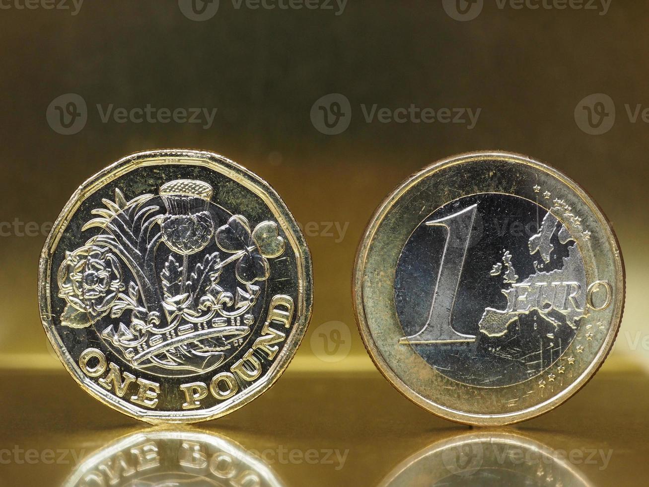 Moneta da 1 sterlina e 1 euro su sfondo di metallo foto