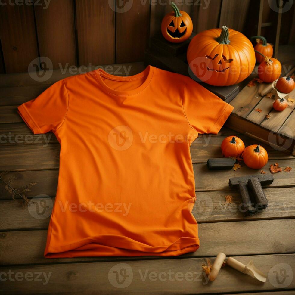 ai generato un' vuoto arancia t - camicia dire bugie nel un' addormentato posizione su un' di legno tavolo con Halloween ornamenti foto