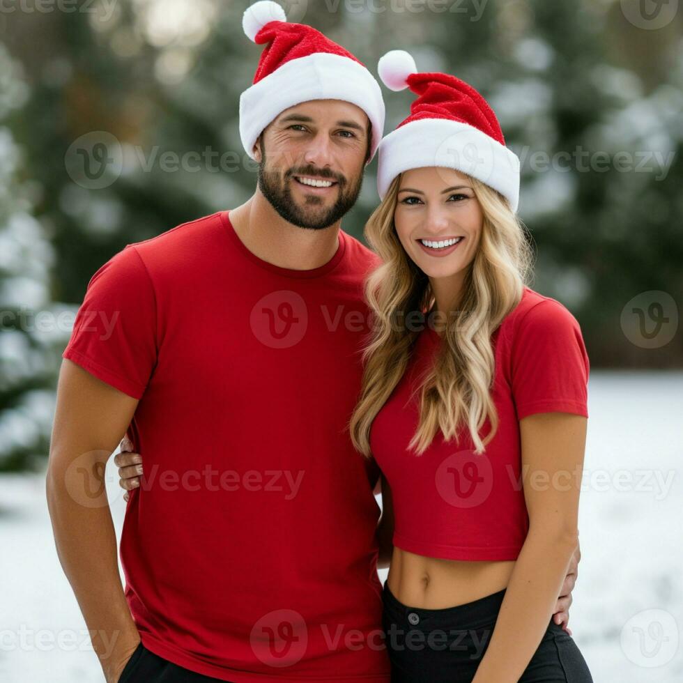 ai generato un' bellissimo coppia, tutti e due siamo indossare rosso magliette e Santa Natale cappelli foto