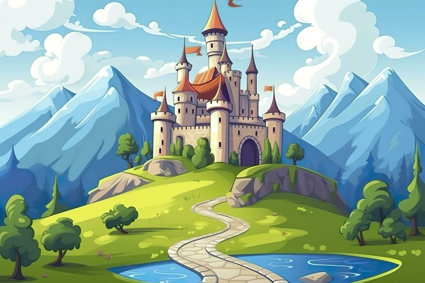 un' mondo di immaginazione. un' 3d paesaggio con blu cielo, bianca nuvole, verde erba, montagne, un' fiume, e un' grande castello. ai generativo foto