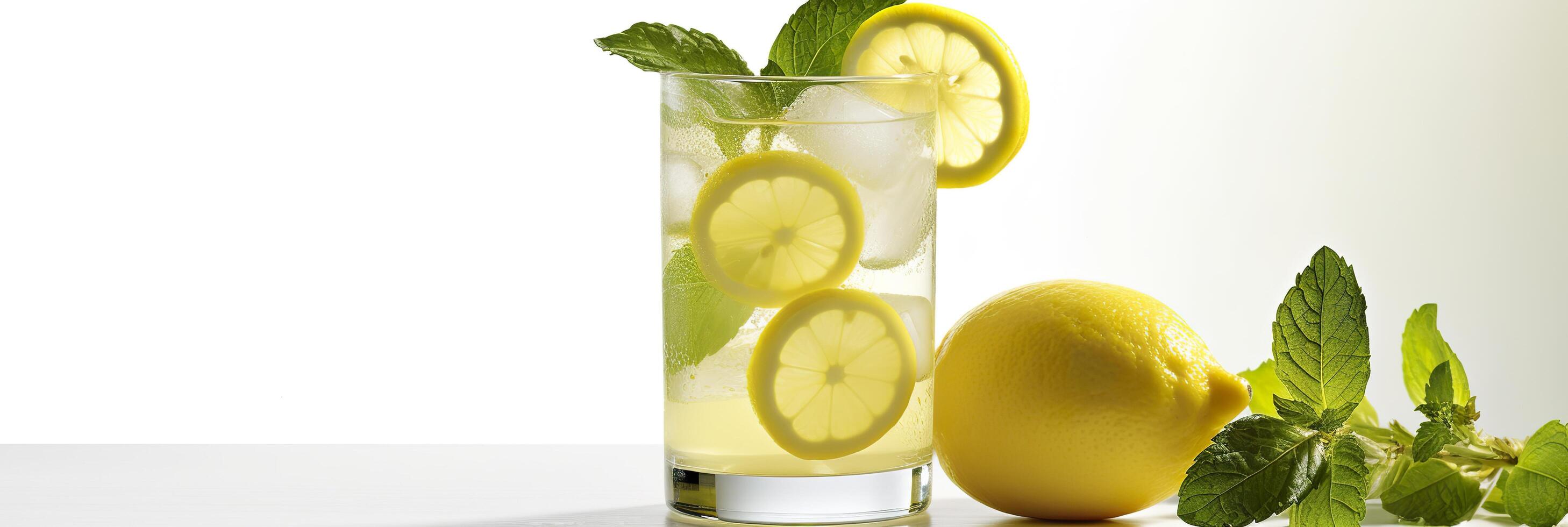 limonata nel un' bicchiere con fresco limoni e menta. freddo estate bevanda con copia spazio. generativo ai foto