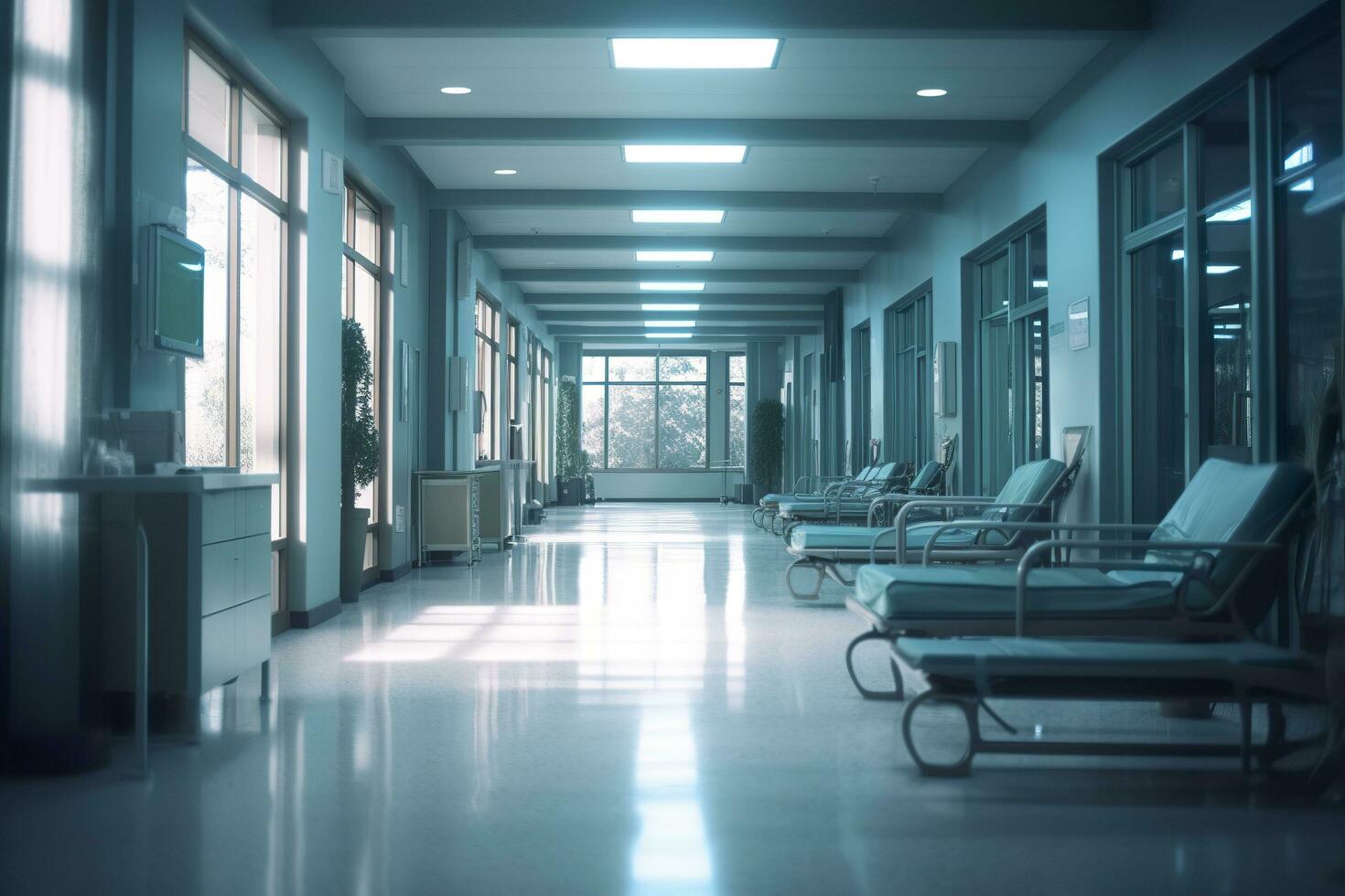 ideale assistenza sanitaria sfondo con surrealista sfocato ospedale scena. ai generativo foto