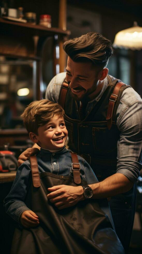 un' barbiere Rifinitura un' ragazzi capelli con forbici foto