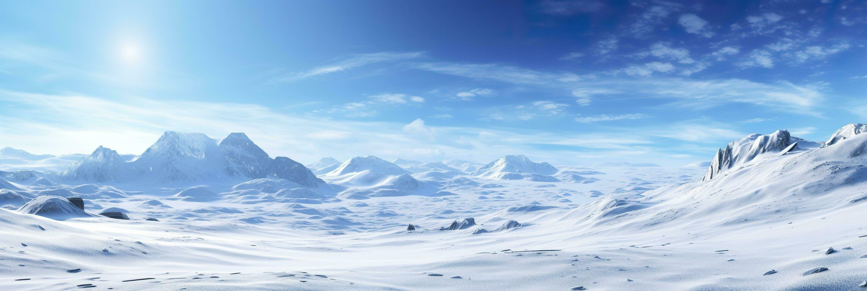 vasto desolato neve terra, grande montagne nel il sfondo, nevicata con leggero blu cielo e leggero blu colori, tranquillo, calmo atmosfera, ai generativo foto