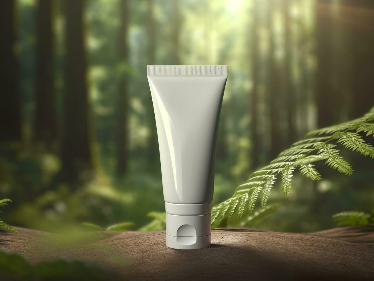 bianca cosmetico tubo, cosmetico Prodotto modello, natura foresta sfondo, luce del sole raggio. ai generativo foto