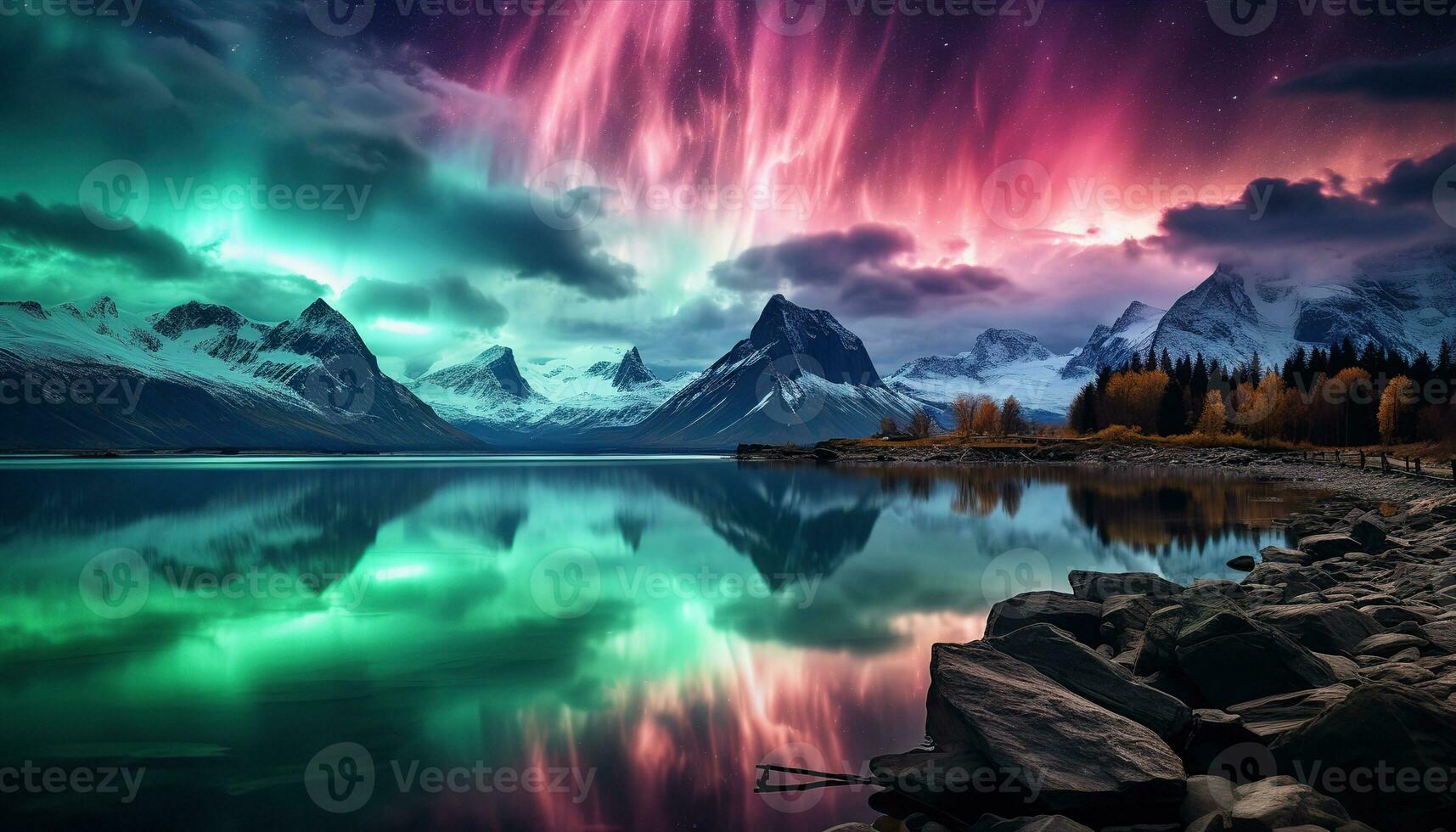 aurora Borealis lago nevoso alberi montagne. creato con generativo ai foto