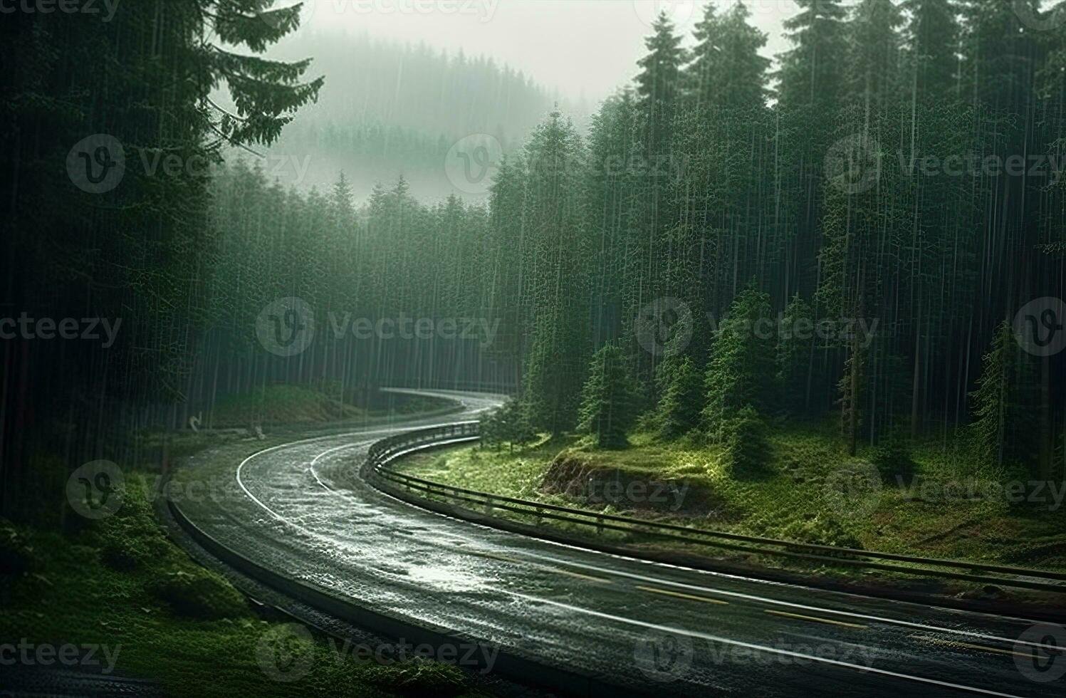 paesaggio con vuoto strada attraverso boschi. viaggio. creato con generativo ai foto