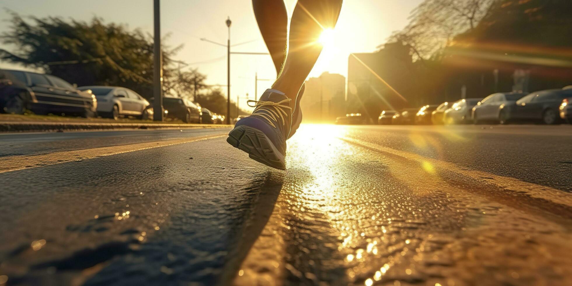 vicino su su il scarpa, corridore atleta piedi in esecuzione su il strada sotto luce del sole nel il mattina. ai generativo foto