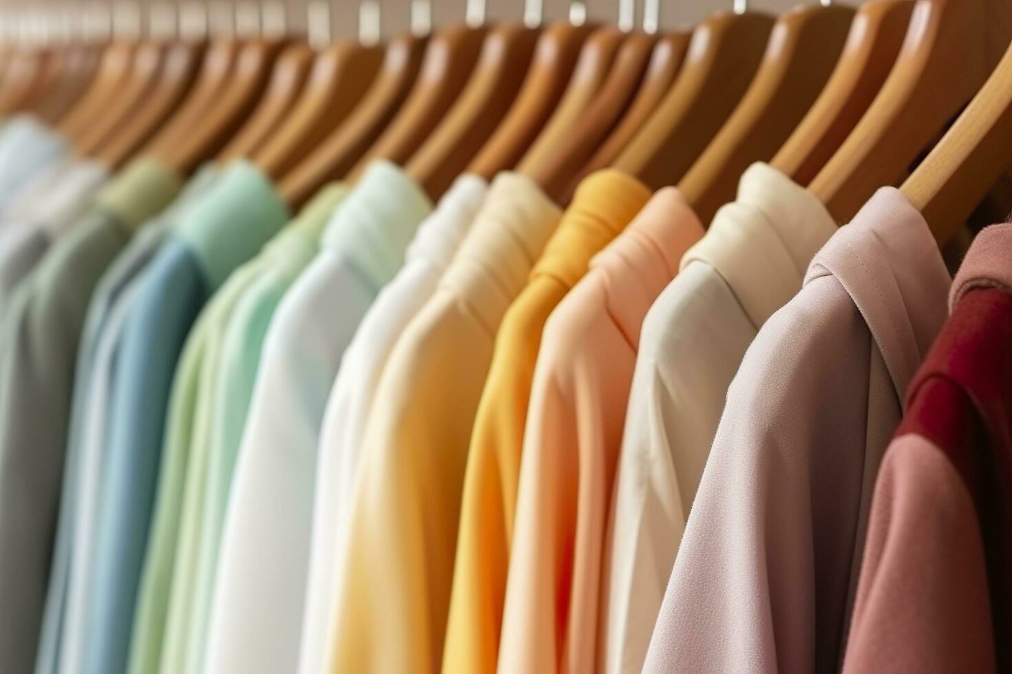 colorato Abiti su un' capi di abbigliamento cremagliera, pastello colorato guardaroba nel un' shopping memorizzare o Camera da letto, arcobaleno colore Abiti scelta su grucce, casa armadio concetto Immagine. ai generativo foto