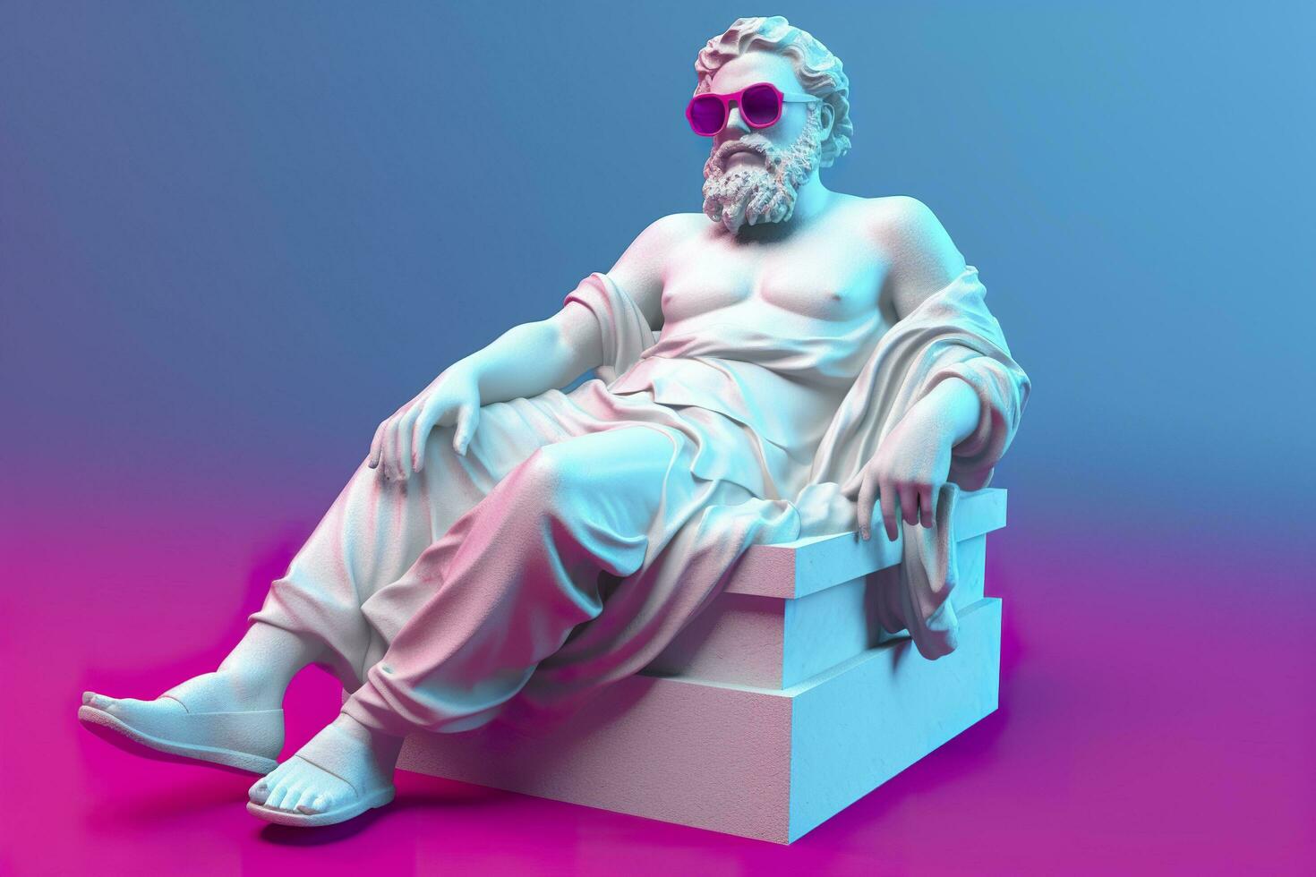 un' bianca statua di Platone nel un' freddo posa, indossare magenta e ciano 3d occhiali, pronto per festa. ai generativo foto