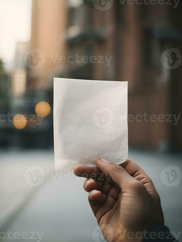 un' mano Tenere un' pezzo di pianura bianca carta con un' sfocato sfondo, ai generato. foto