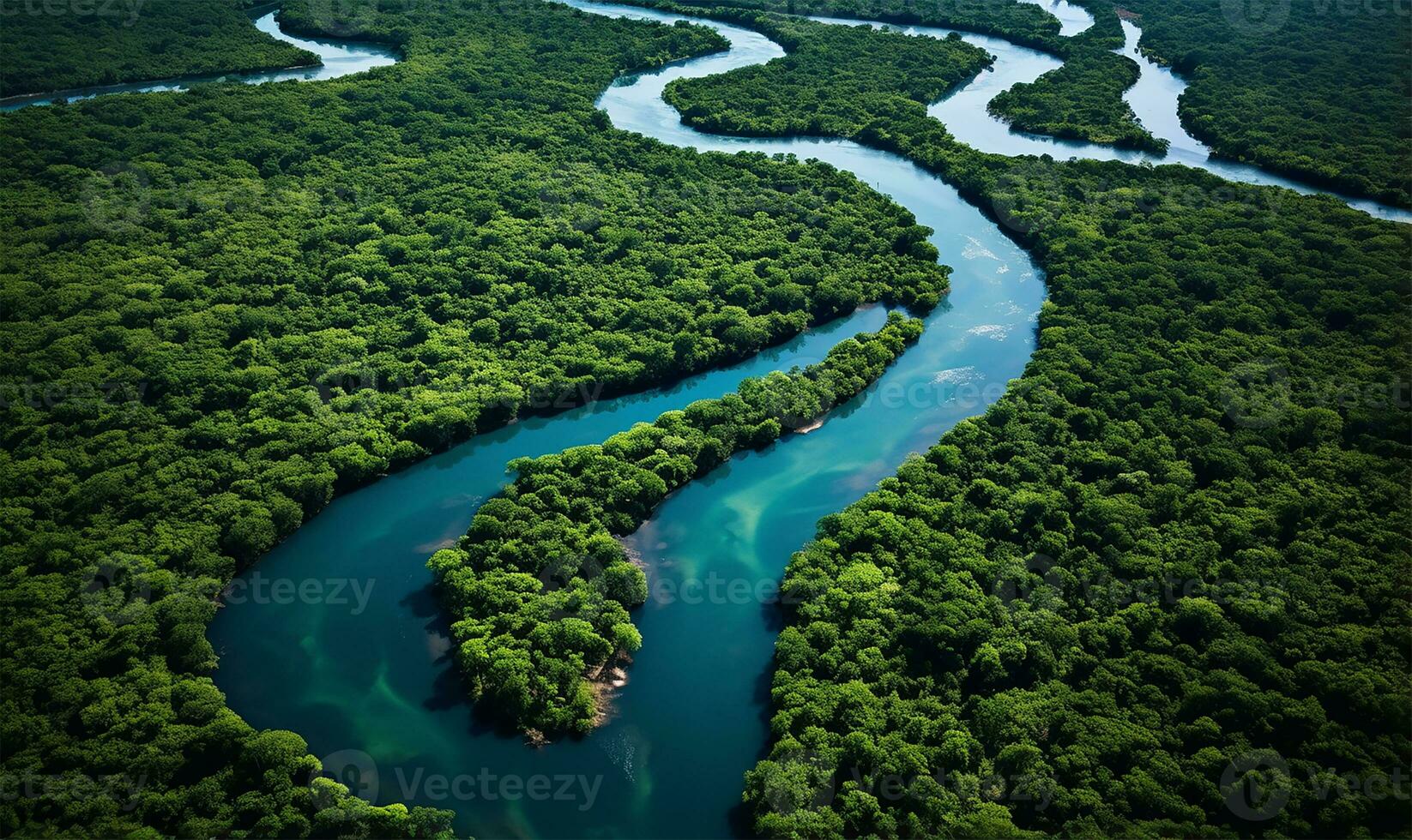 aereo Visualizza di un' fiume delta con lussureggiante verde vegetazione e avvolgimento corsi d'acqua. ai generato foto