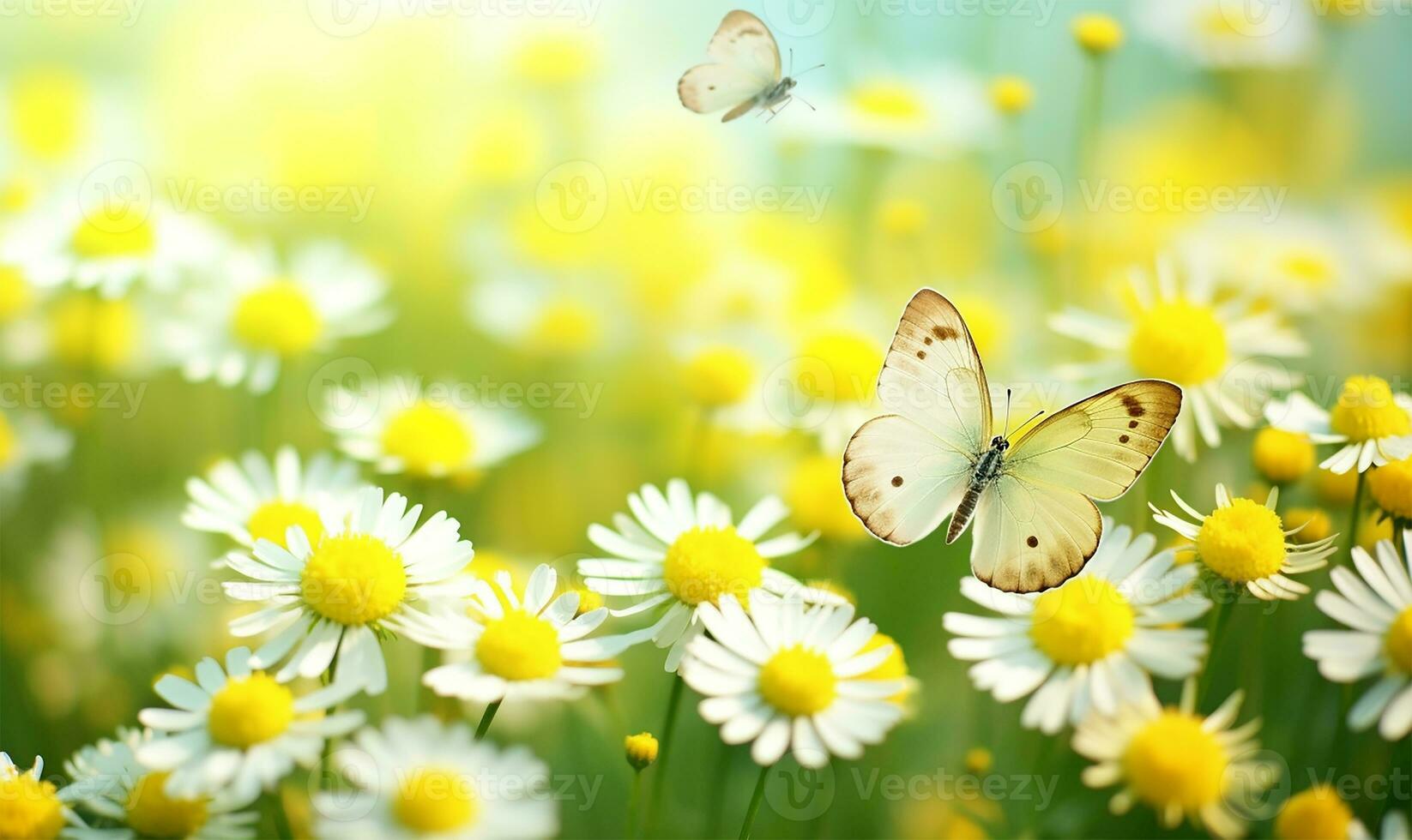 macro tiro di vivace giallo santolina fiori in mezzo giocoso farfalle nel un' prato. ai generato foto