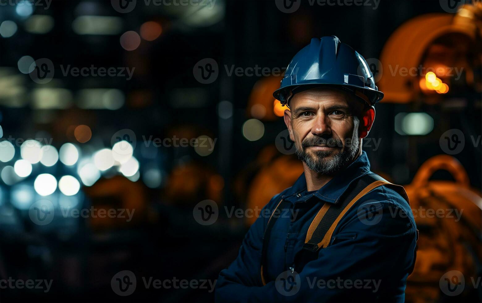 un' diligente industria Manutenzione ingegnere sta alto, vestito nel il suo professionale uniforme integrato di un' sicurezza difficile cappello. ai generato foto