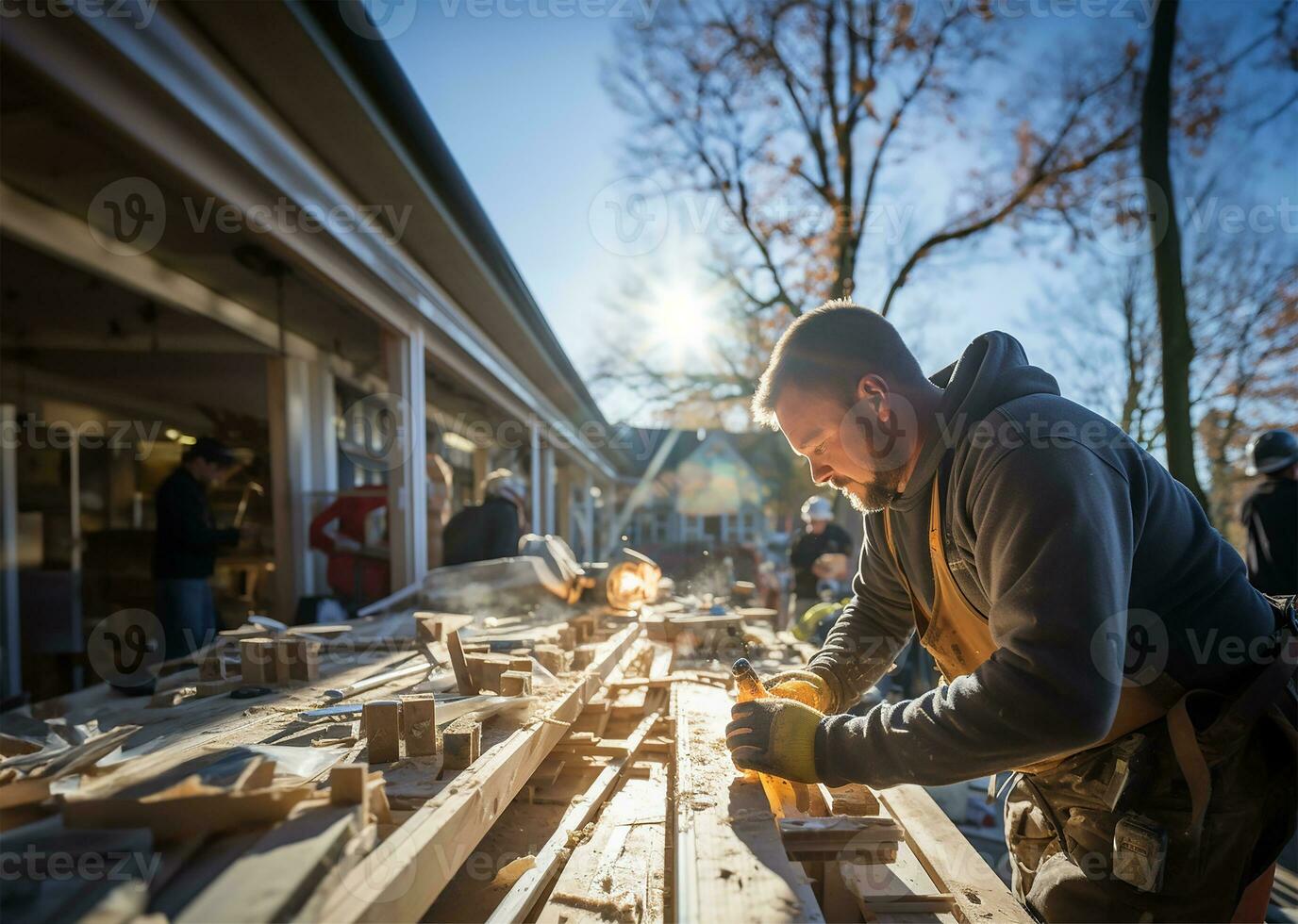 costruzione lavoratori meticolosamente Lavorando su installazione un' porta, cattura il precisione e abilità coinvolti nel il processi. ai generato foto