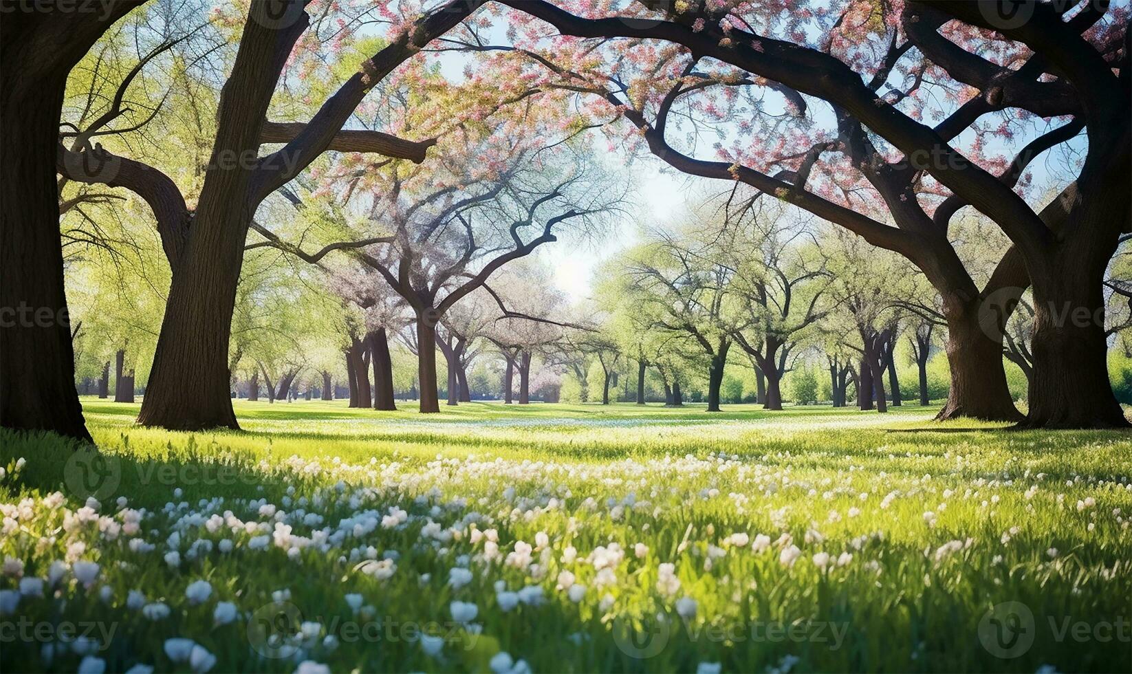 pittoresco primavera radura con fioritura flora e alberi impostato contro un' chiaro blu cielo. ai generato foto