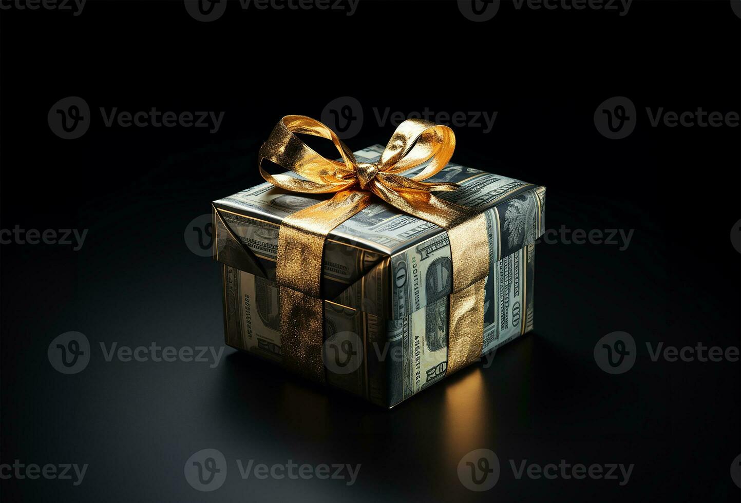 regalo scatola meticolosamente avvolto nel noi moneta ornato con un' scintillante d'oro nastro. ai generato foto