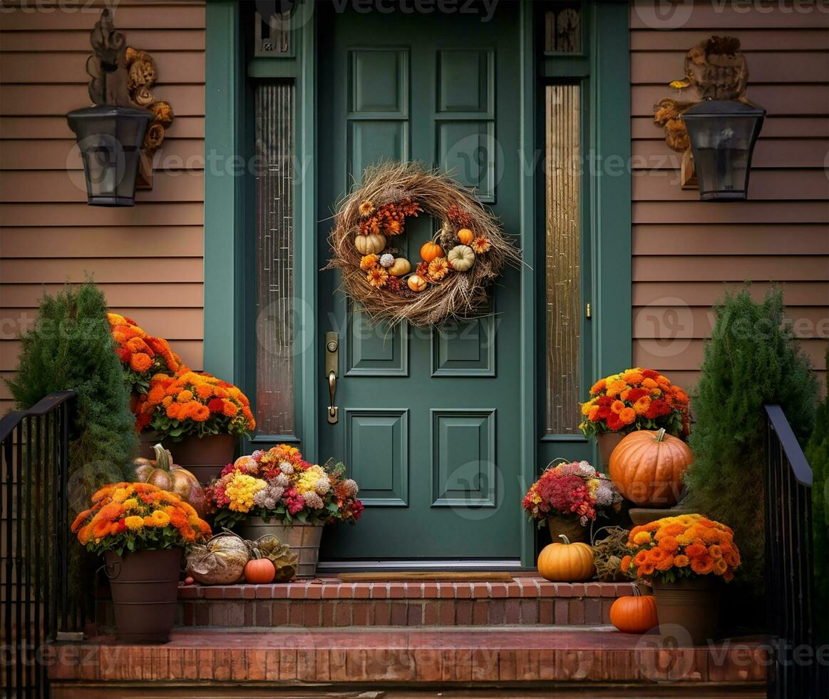 meravigliosamente artigianale autunno ghirlanda adornare un' ricco verde davanti porta, integrato di abile autunno fiore pentola accordi grazia il passi. ai generato foto