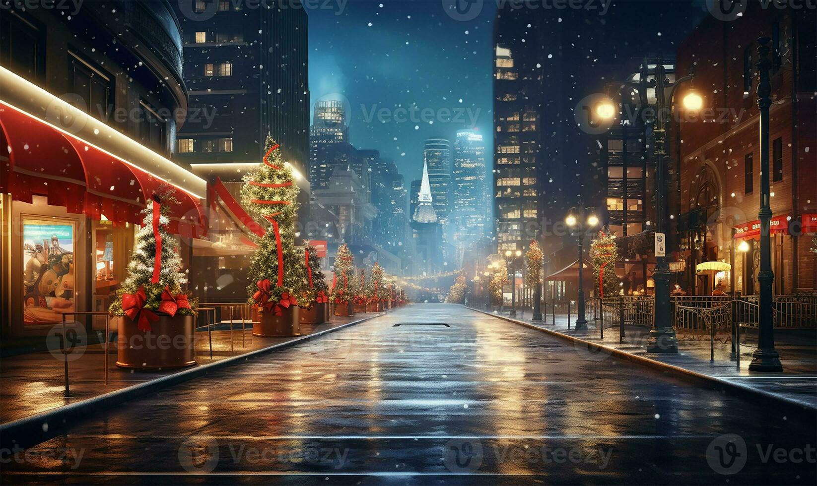 città strada immersa nel il incantevole splendore di festivo luci su un' Natale notte. ai generato foto