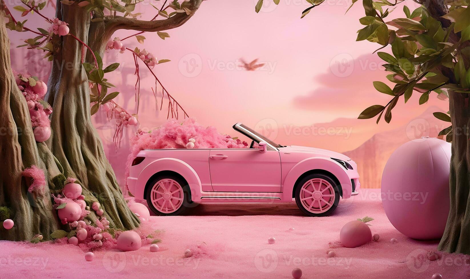 un' rosa auto giocattolo posizionato nel un' ambientazione quello complementi suo giocoso natura. ai generato foto