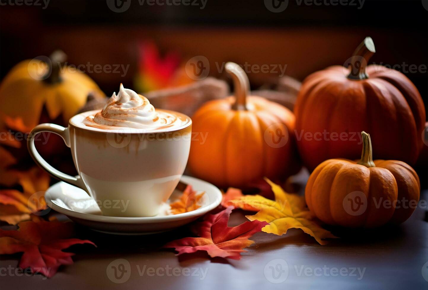 delizioso zucca Spezia latte macchiato, cottura a vapore delicatamente nel un' tazza e piattino. ai generato foto