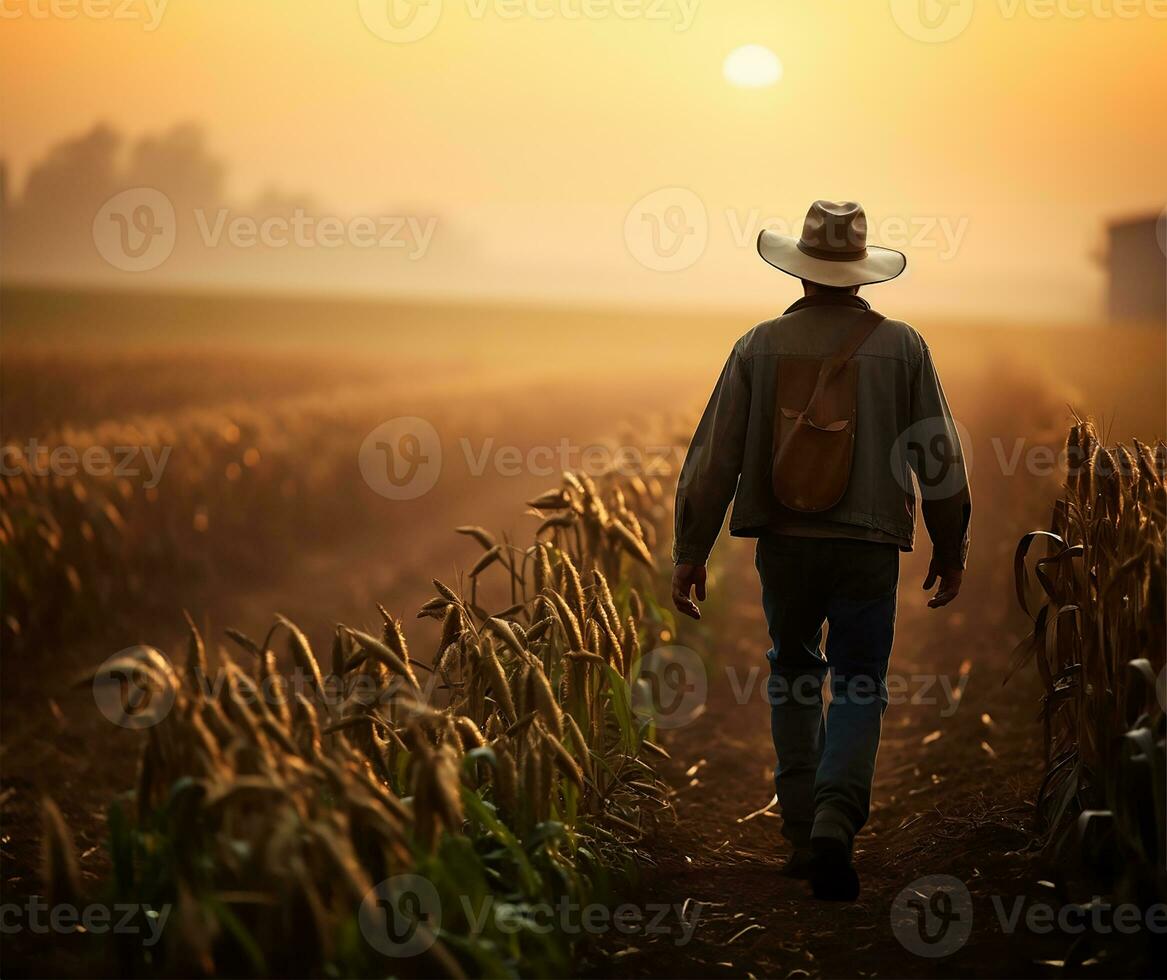 un' contadino passi avanti con fiducia attraverso un' Mais campo, il presto alba leggero getto un' dolce splendore al di sopra di il alto steli. ai generato foto