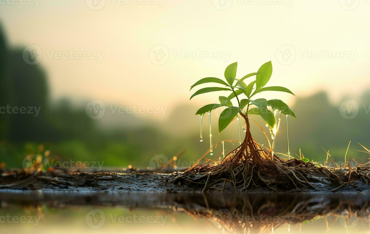 vivace piantina, suo delicato radici ancorato nel il ricco di nutrienti suolo, con suo nascente le foglie sforzandosi in direzione il dolce abbraccio di il mattina luce del sole. ai generato foto