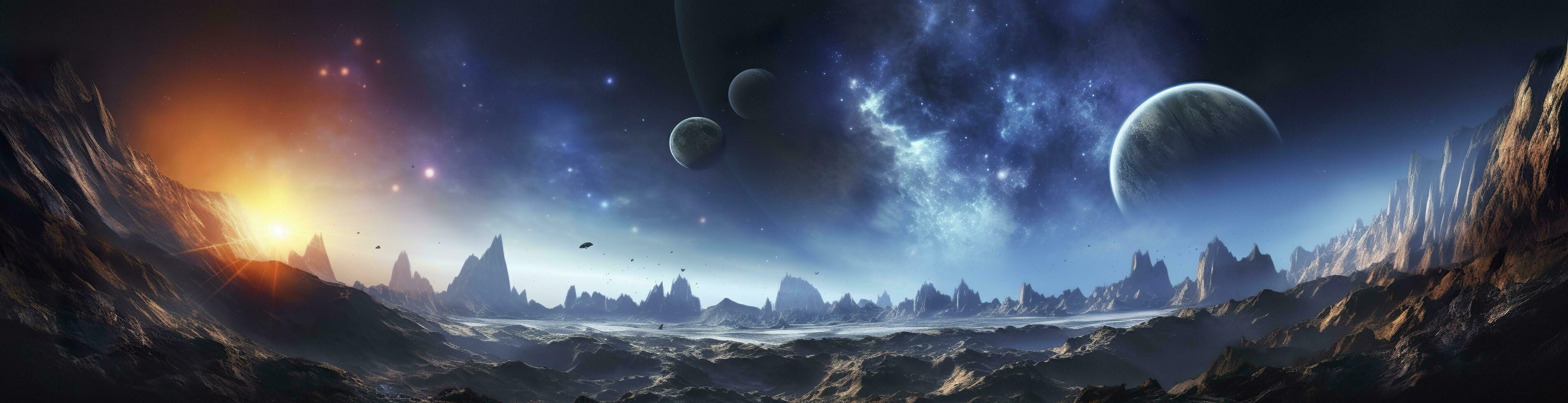 panorama di lontano pianeta sistema nel spazio 3d interpretazione elementi. generativo ai foto
