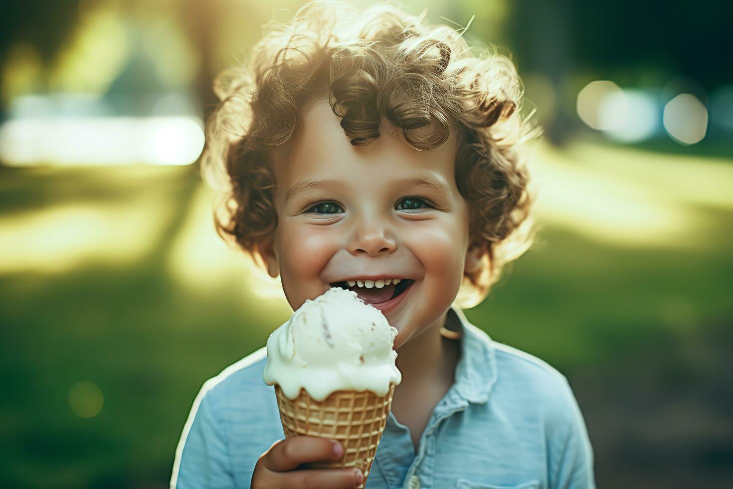 carino ragazzo Tenere gelato su cialda cono a il parco. generativo ai. foto