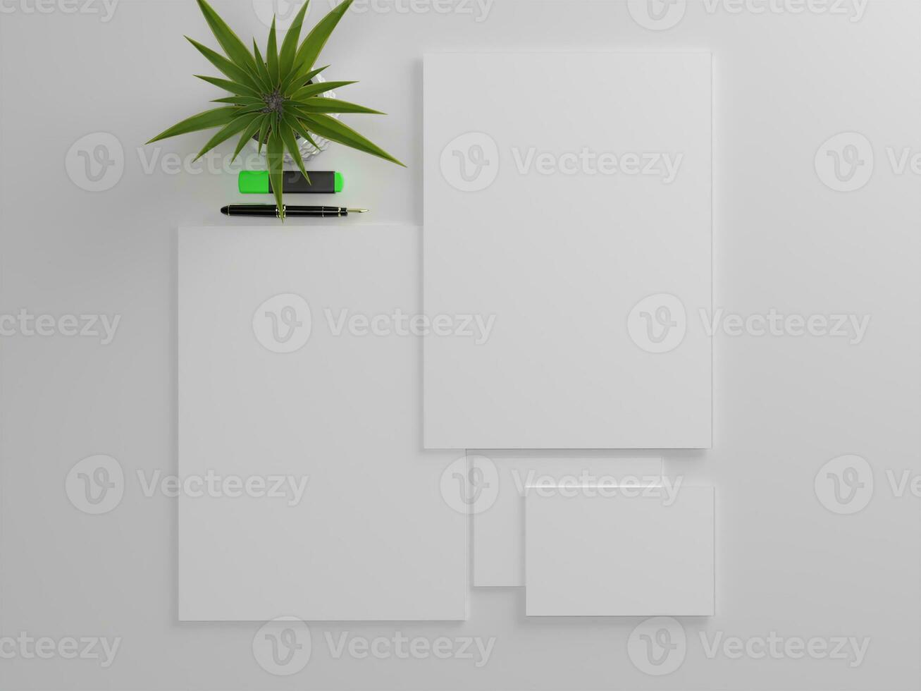 3d rendere Due bianca carta stazionario impostato per modello modello con bianca sfondo lato Visualizza foto