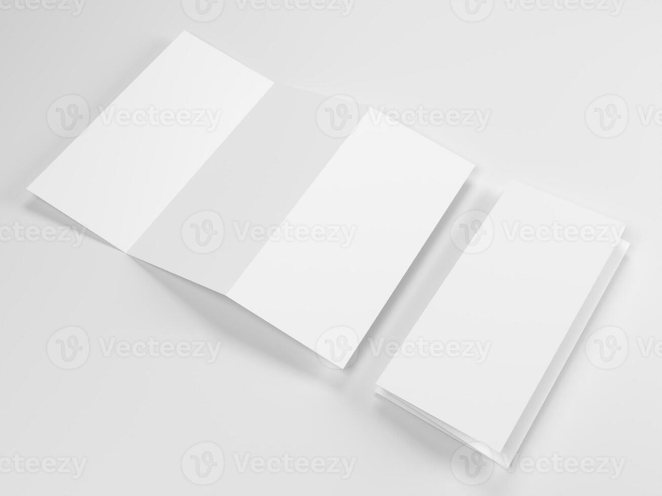 3d rendere Due bianca carta tri-fold opuscolo per modello modello con bianca sfondo lato Visualizza foto