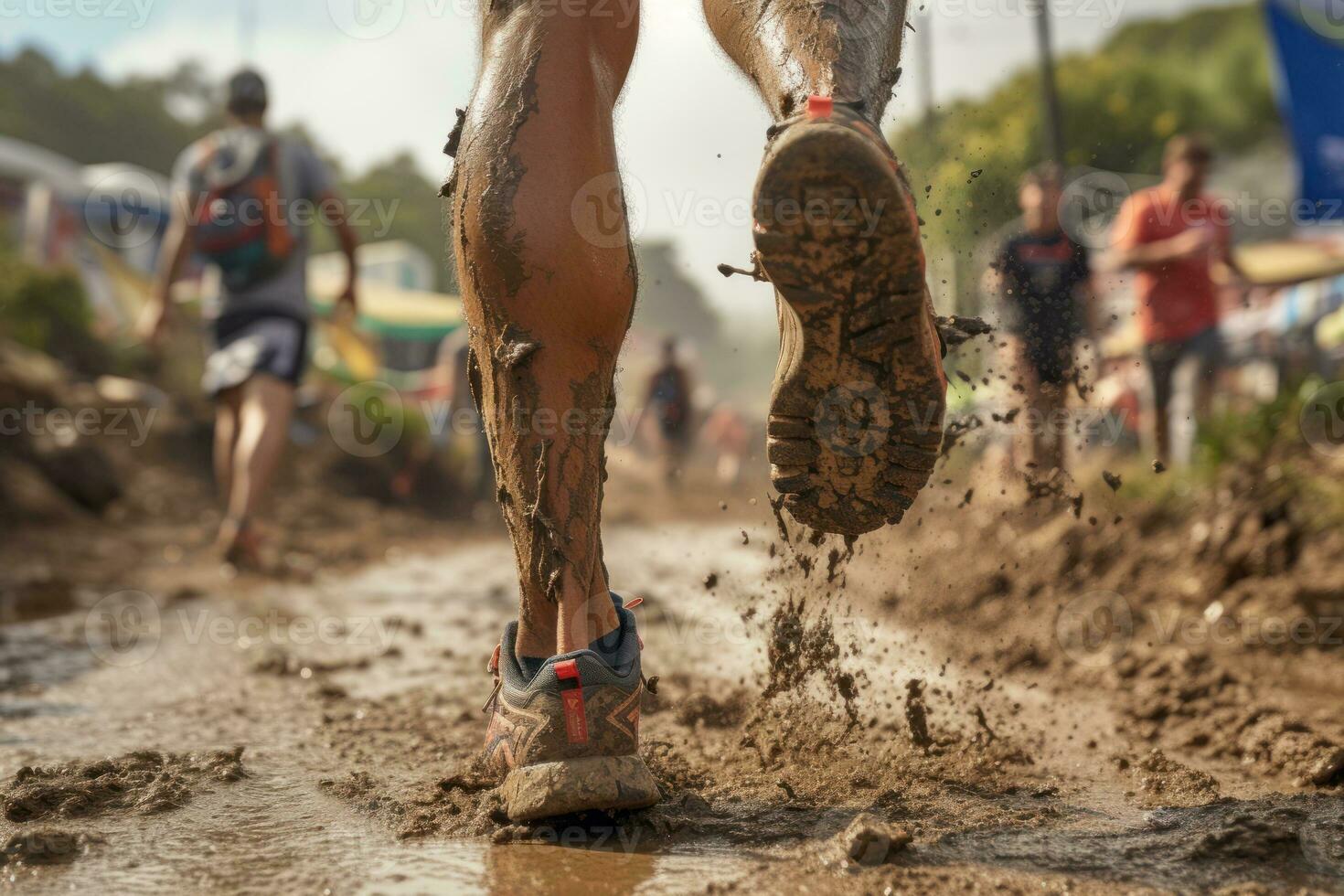 gruppo di vicino dalle gambe corridori in esecuzione su terra . Atletica nel il fango. Immagine generato di ai. foto