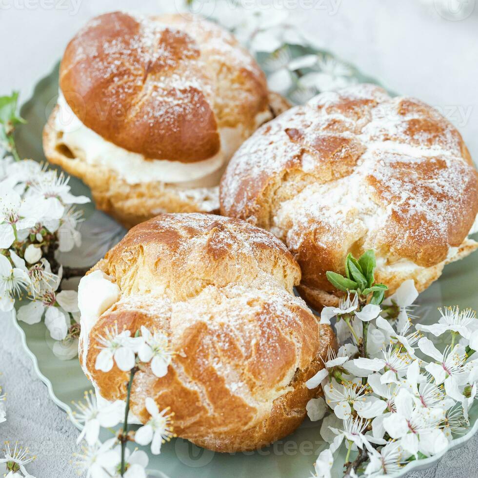 choux panini con frustato crema e zucchero polvere su superiore su piatto. grigio sfondo con primavera bianca ciliegia fiorire fiori. delicato choux Pasticcino dolce. francese crema sbuffi, avvicinamento foto