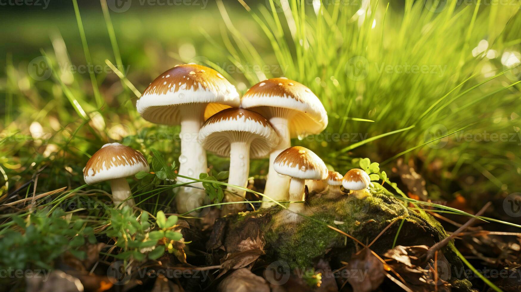 foresta funghi nel un' radura. ai generato. foto