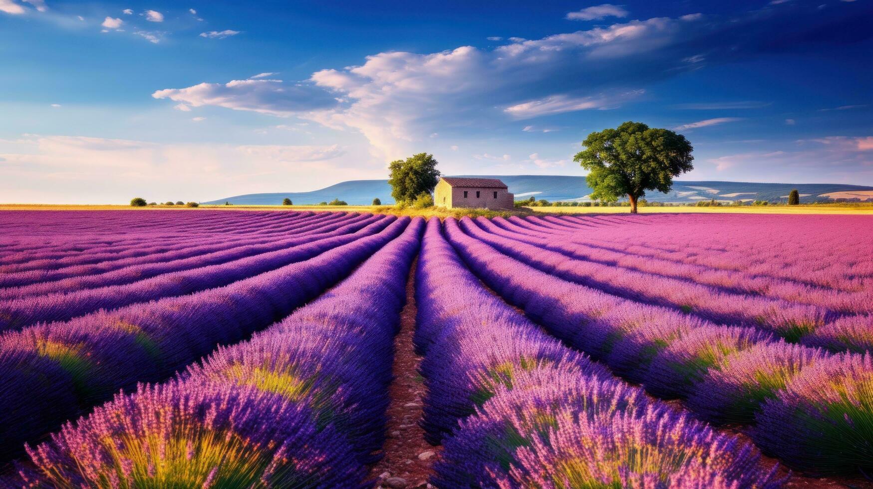 tranquillo scena con bellissimo lavanda campo a mattina foto