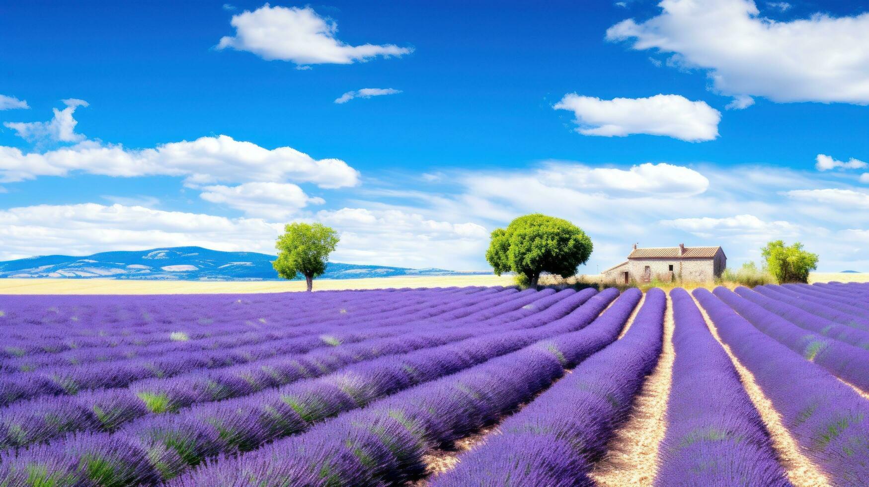 tranquillo scena con bellissimo lavanda campo a mattina foto