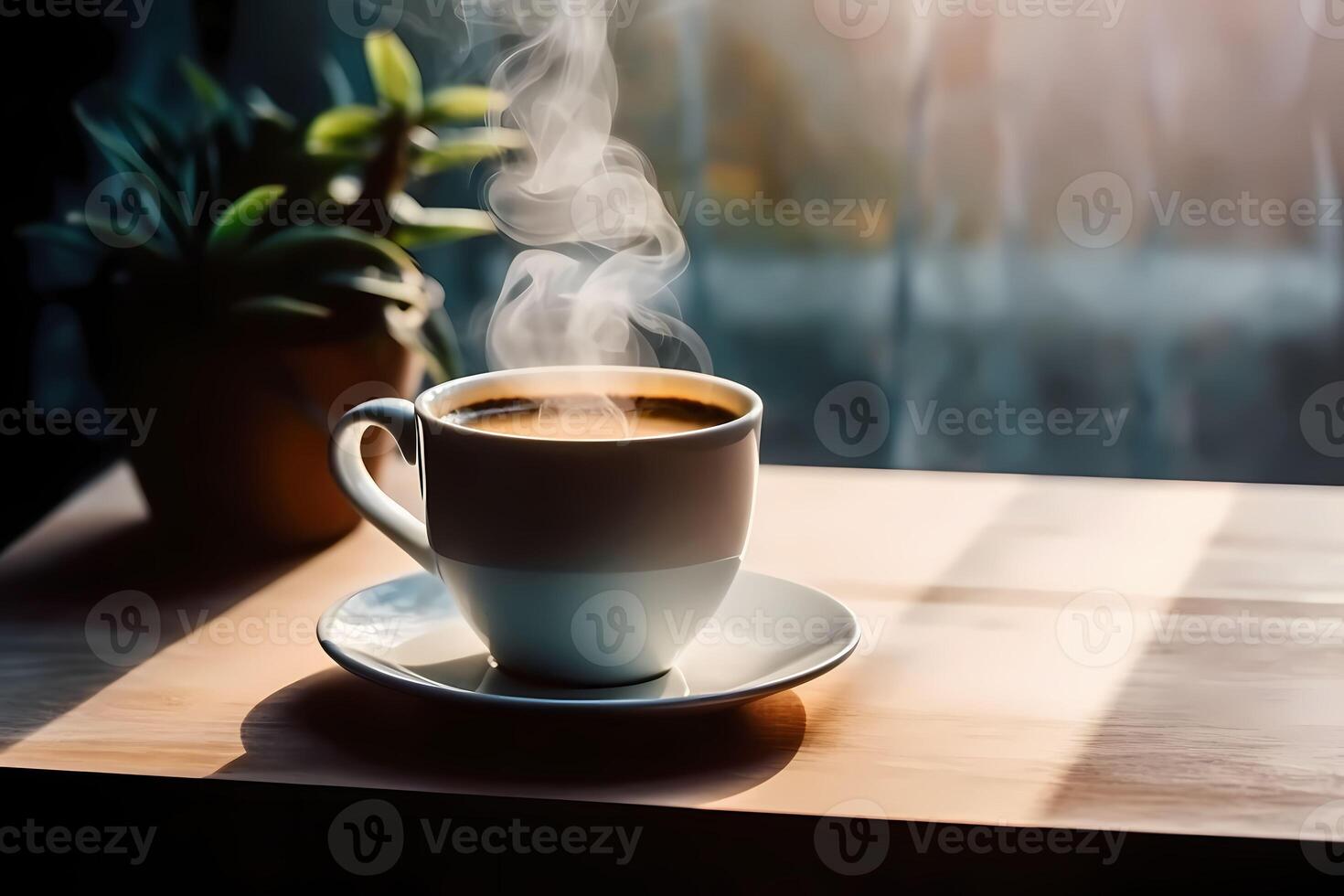 Tazza da caffè su tavolo di legno con computer portatile alla luce del  mattino ia generativa