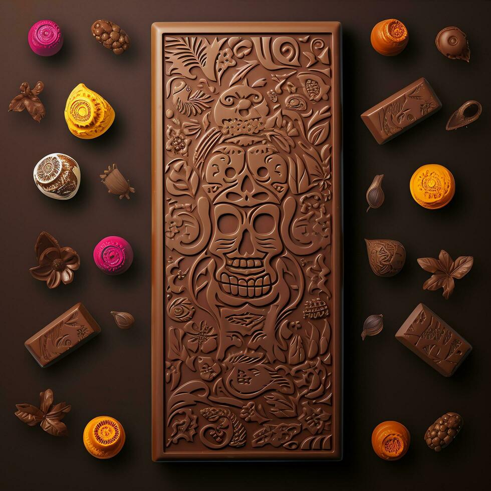 cioccolato bar tableta de cioccolato messicano dia de muertos giorno di il morto acquerello confine , ai generato foto