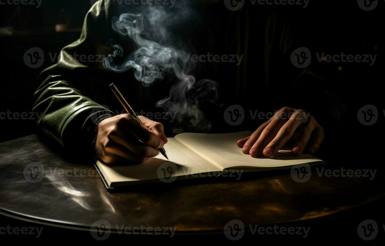 un' dell'uomo mano è visibile nel un' nebbia mentre lui è scrittura nel un' taccuino. il scena è isolato su un' nero sfondo. ai generativo foto