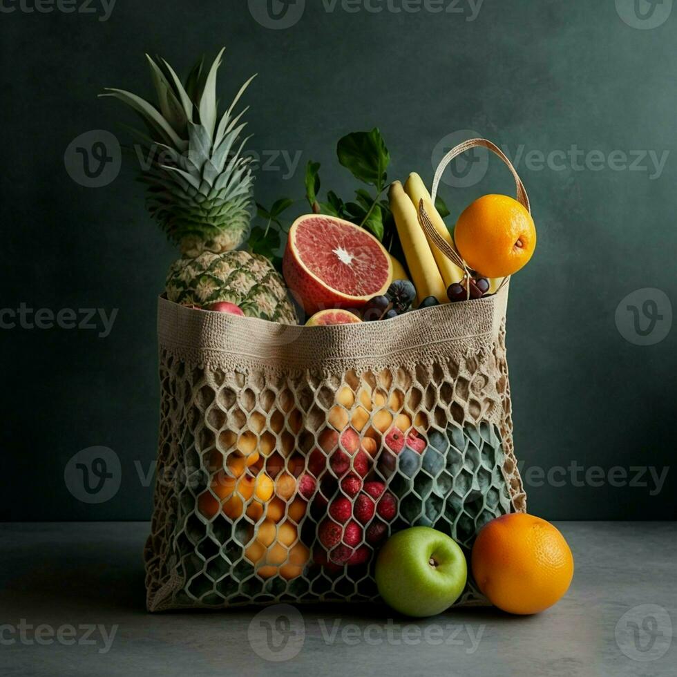 eco-friendly riutilizzabile shopping Borsa con fresco biologico tropicale frutta su un' grigio parete sfondo. promozione un' zero rifiuti stile di vita con crudo salutare cibo e un' vegetariano dieta. ai generativo foto